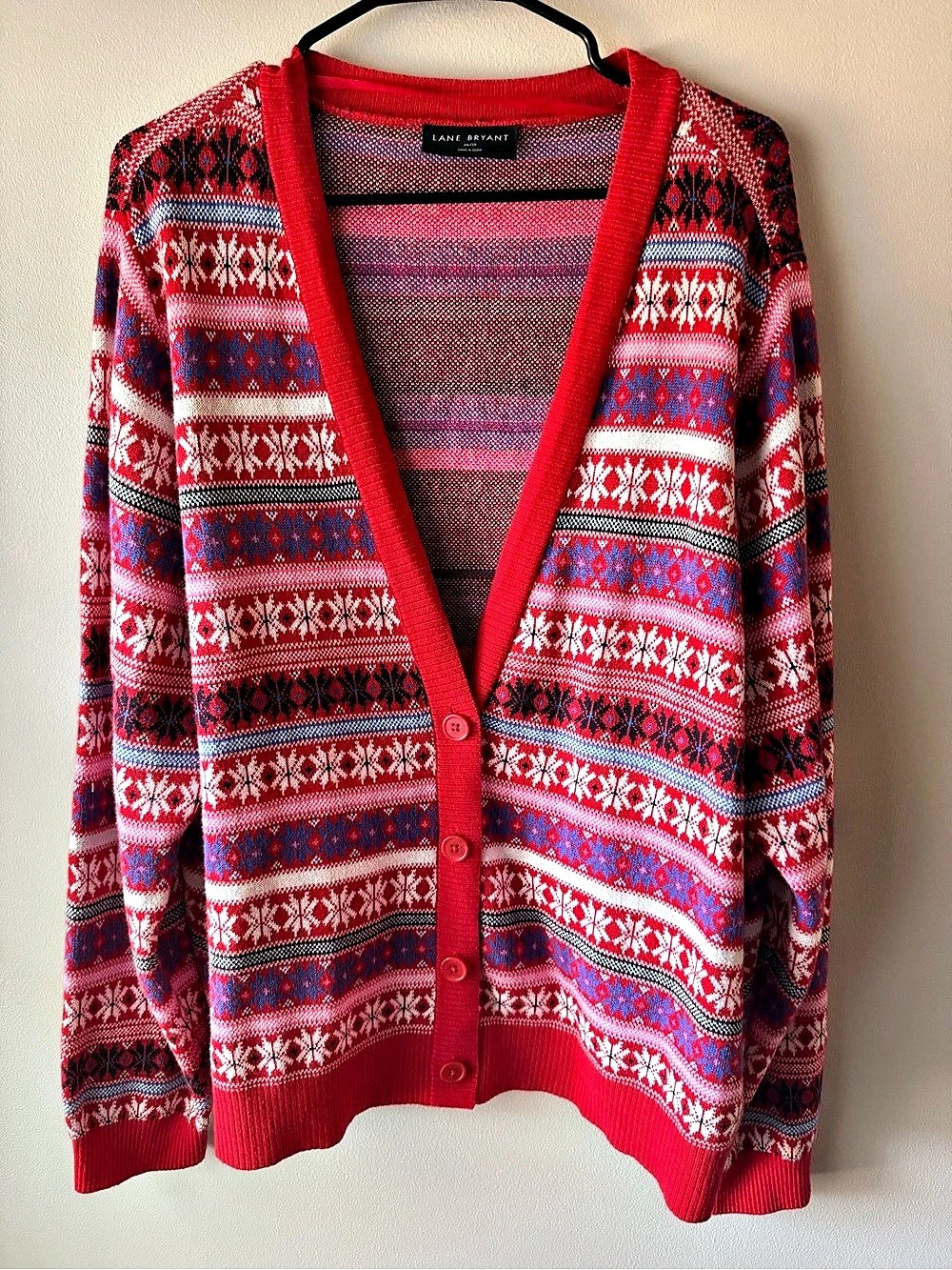 Lane Bryant Classic Long Sleeve Button Front Fair Isle Cardigan Red & Blue 3X